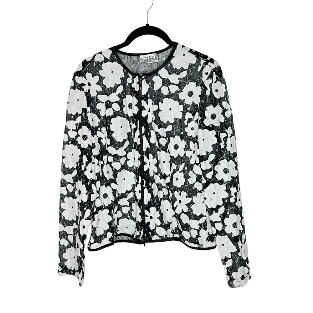 Joseph Ribkoff Womens Lace Floral Embroidered Jacket 12 Sheer Zipper Whimsy Goth